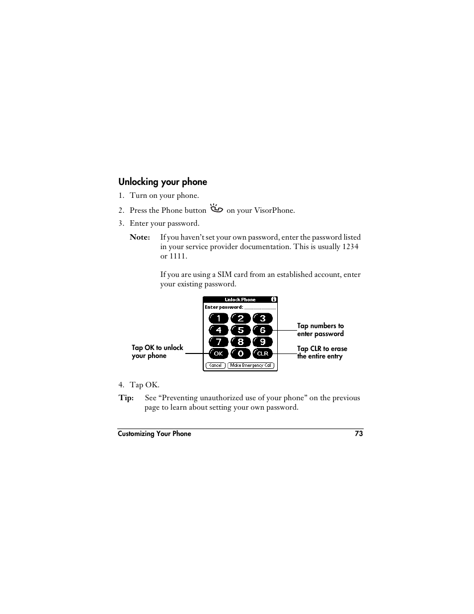 Unlocking your phone | Handspring VisorPhone User Manual | Page 79 / 116