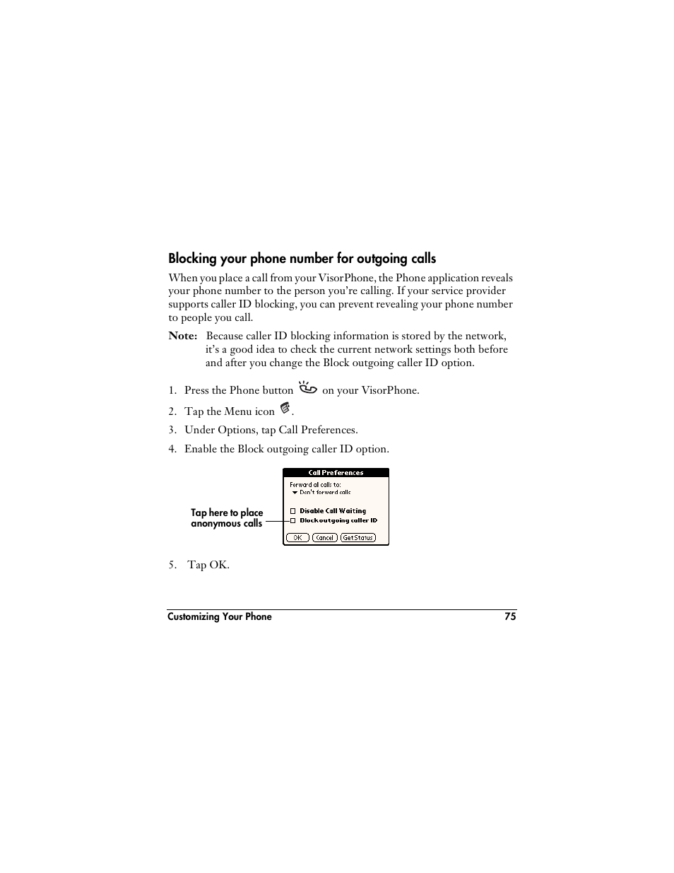 Blocking your phone number for outgoing calls | Handspring VisorPhone User Manual | Page 81 / 116
