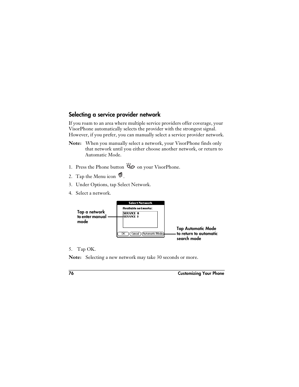 Selecting a service provider network | Handspring VisorPhone User Manual | Page 82 / 116