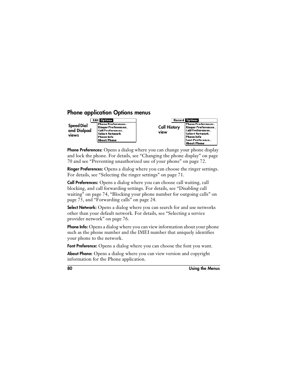 Phone application options menus | Handspring VisorPhone User Manual | Page 86 / 116