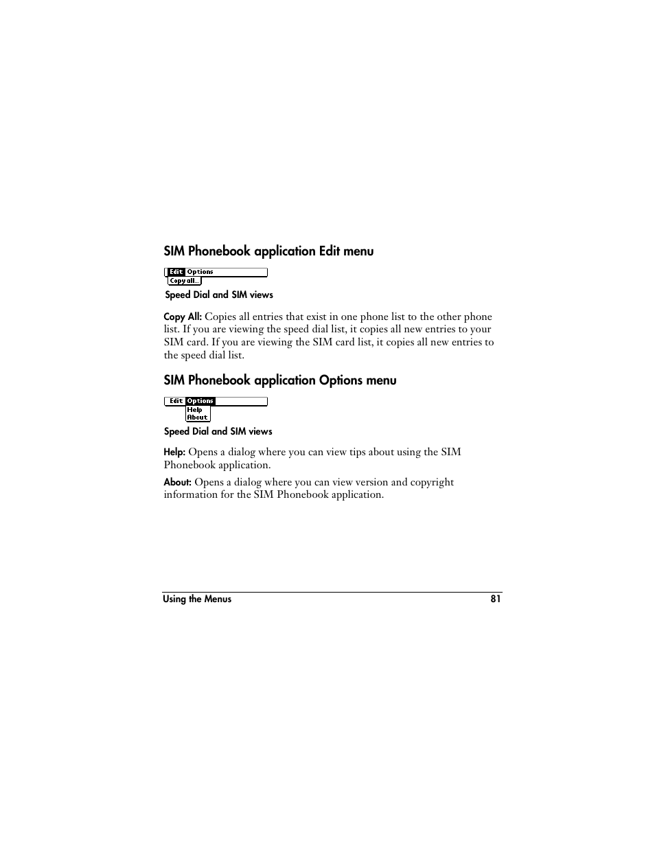 Sim phonebook application edit menu, Sim phonebook application options menu | Handspring VisorPhone User Manual | Page 87 / 116