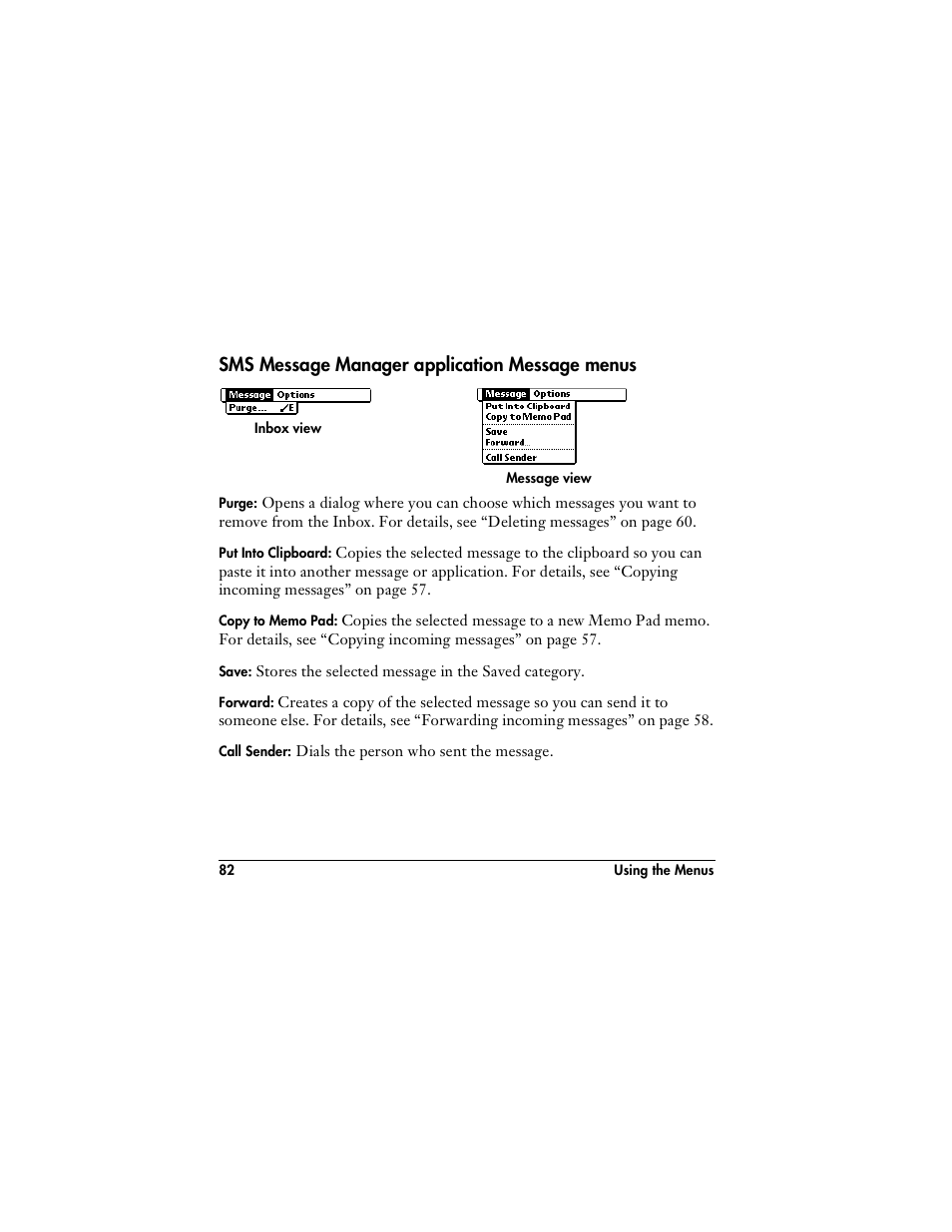 Sms message manager application message menus | Handspring VisorPhone User Manual | Page 88 / 116