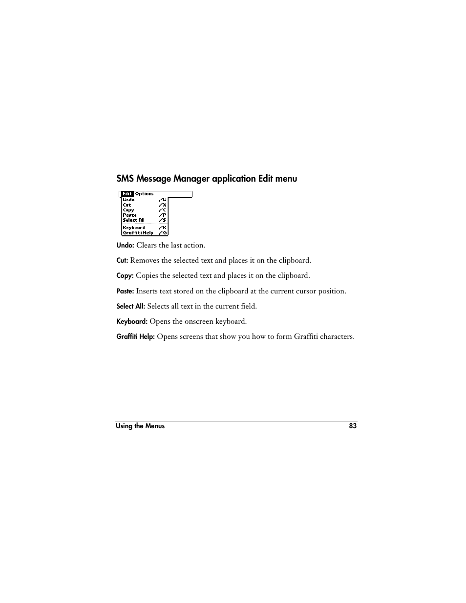 Sms message manager application edit menu | Handspring VisorPhone User Manual | Page 89 / 116