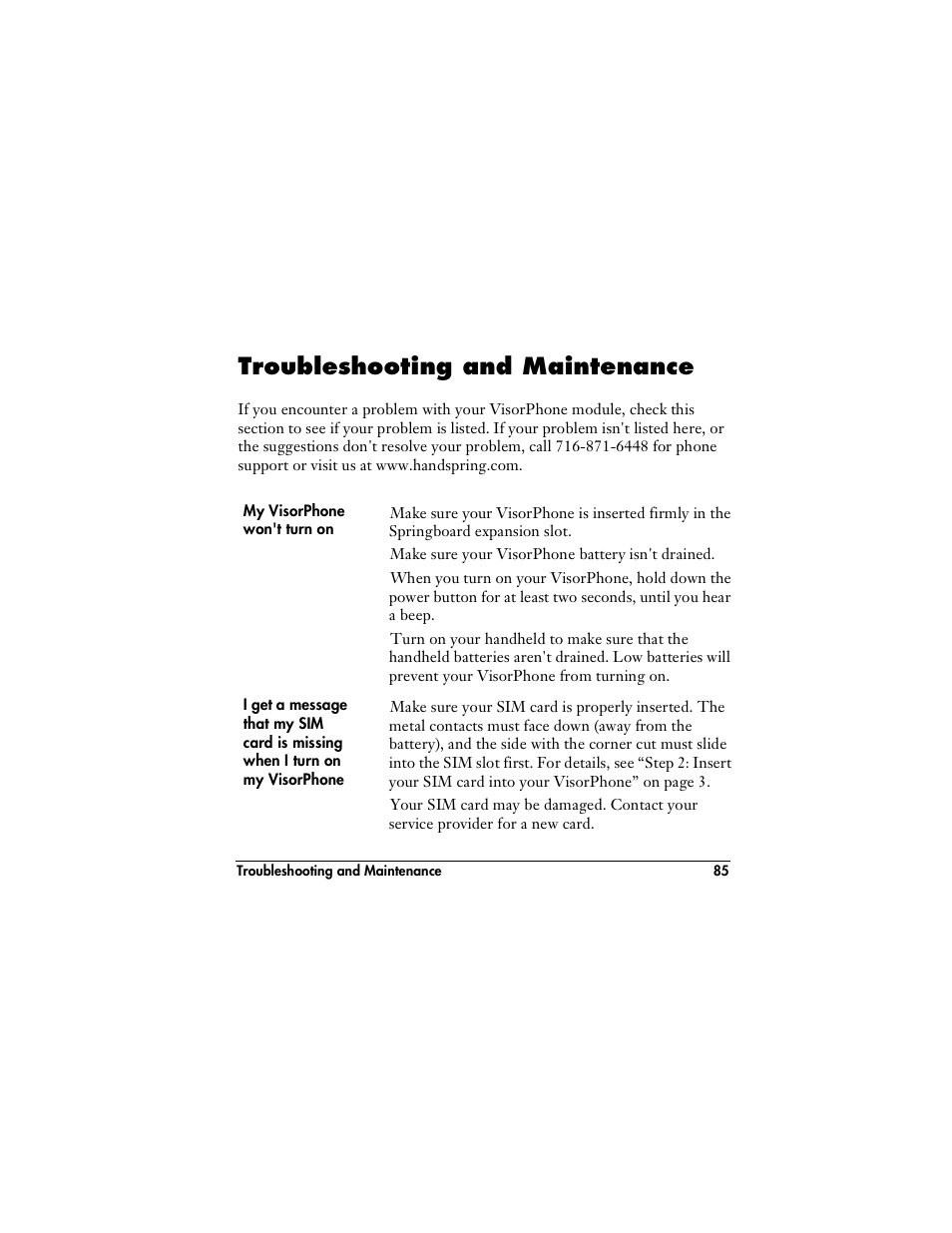Troubleshooting and maintenance | Handspring VisorPhone User Manual | Page 91 / 116