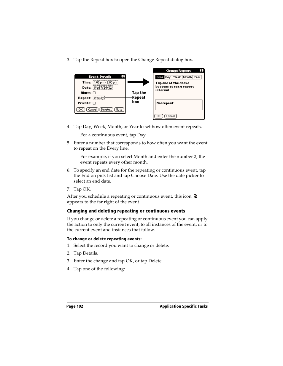 To change or delete repeating events | Handspring Visor User Manual | Page 102 / 263