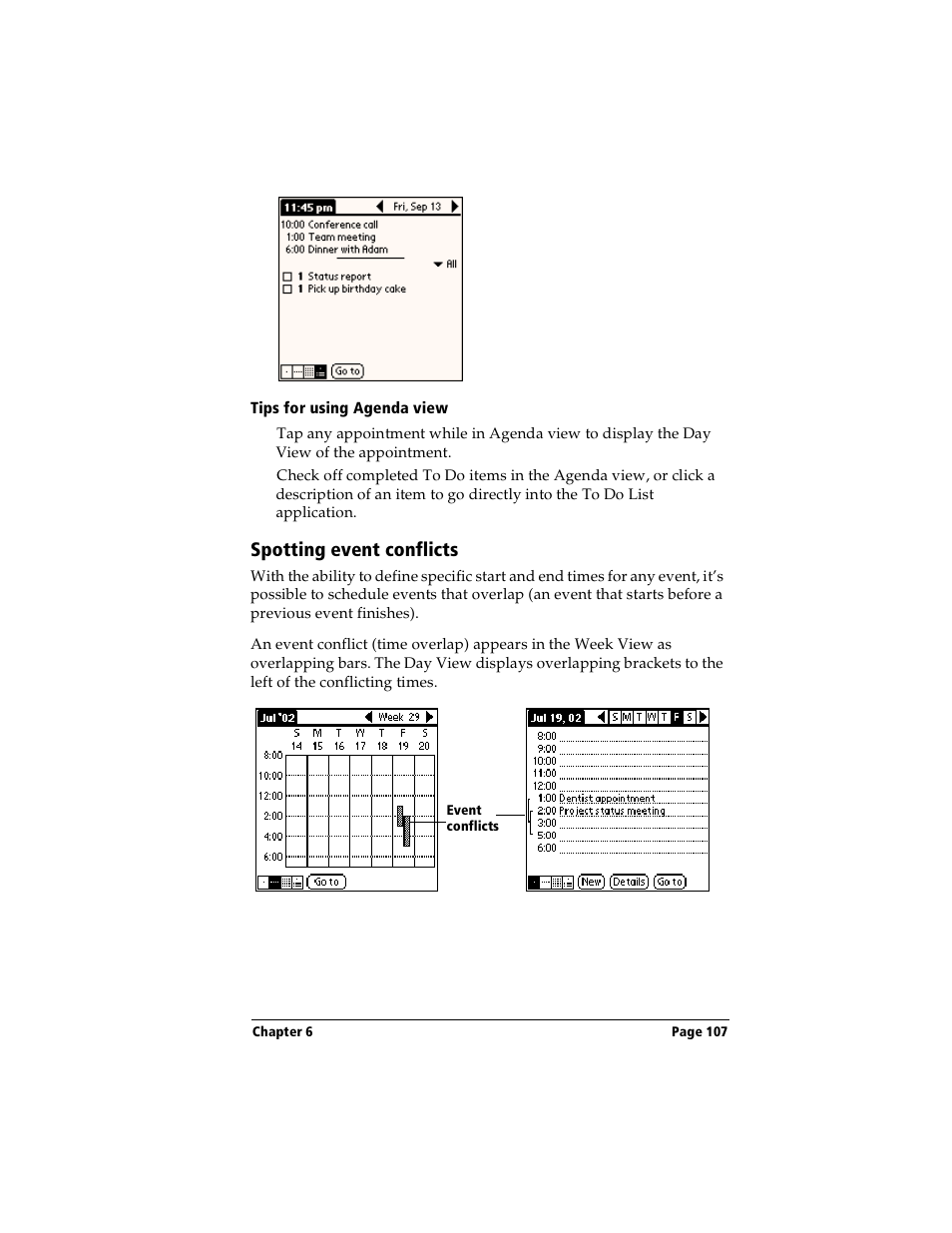 Tips for using agenda view, Spotting event conflicts | Handspring Visor User Manual | Page 107 / 263