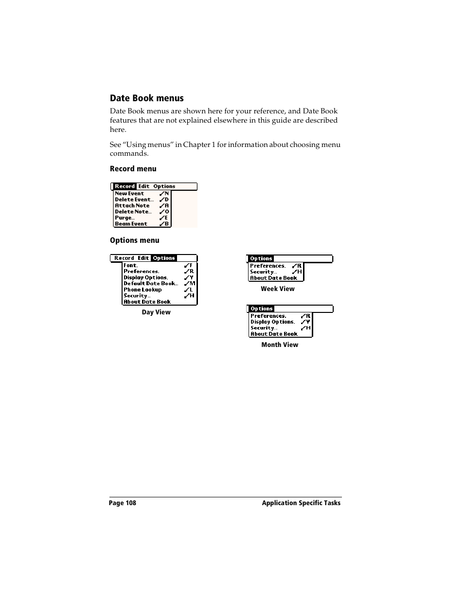 Date book menus, Record menu, Options menu | Handspring Visor User Manual | Page 108 / 263