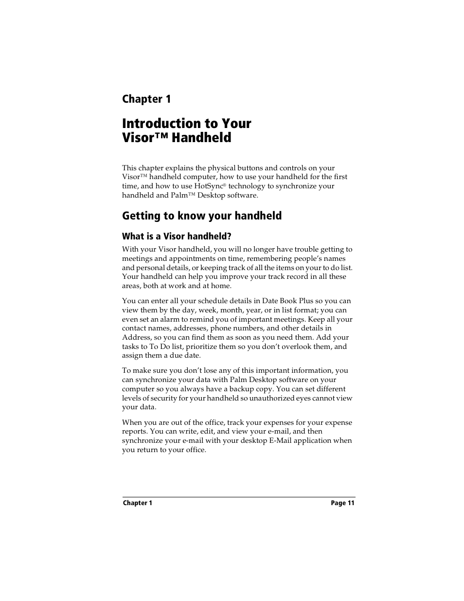 Introduction to your visor™ handheld, Getting to know your handheld, What is a visor handheld | Chapter 1: introduction to your visor™ handheld, Chapter 1 | Handspring Visor User Manual | Page 11 / 263