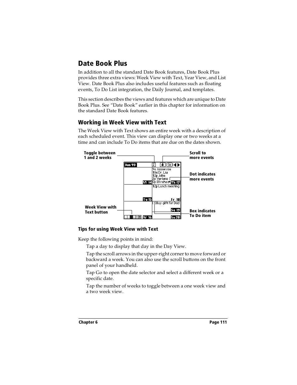 Date book plus, Working in week view with text, Tips for using week view with text | Handspring Visor User Manual | Page 111 / 263