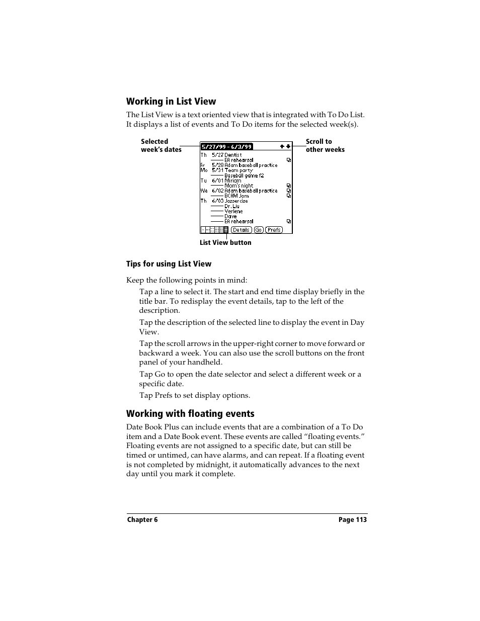 Working in list view, Tips for using list view, Working with floating events | Working in list view working with floating events | Handspring Visor User Manual | Page 113 / 263