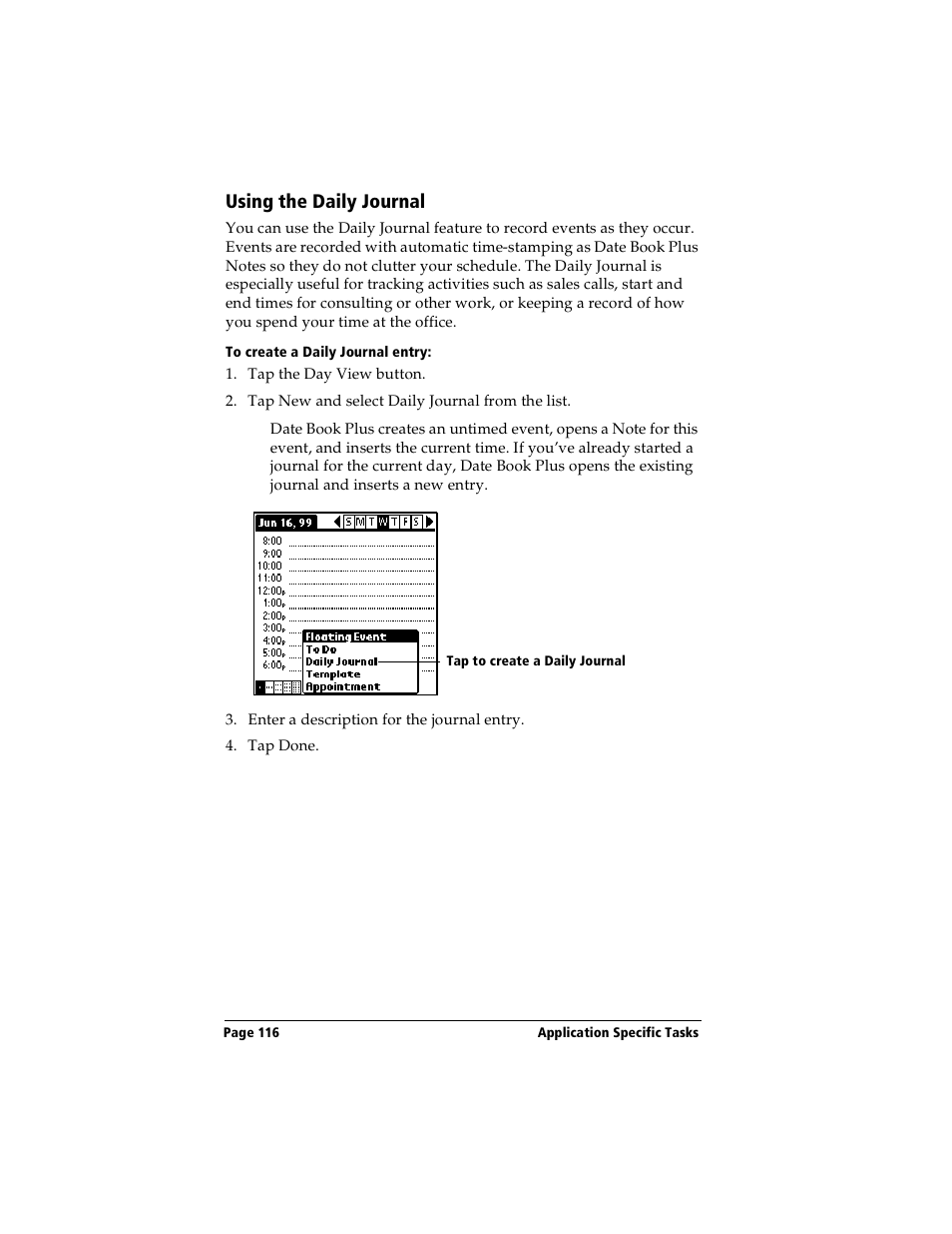 Using the daily journal, To create a daily journal entry | Handspring Visor User Manual | Page 116 / 263