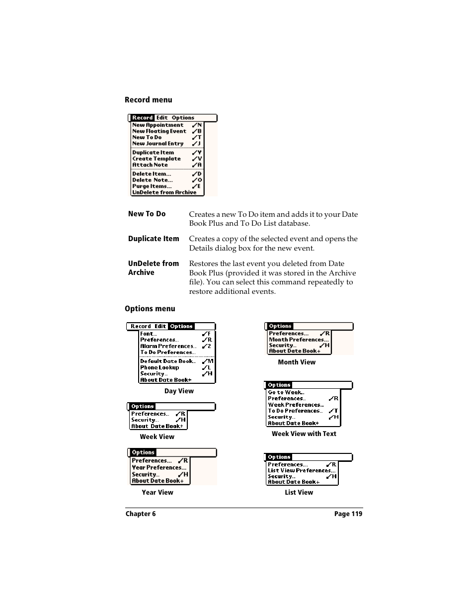 Record menu, Options menu | Handspring Visor User Manual | Page 119 / 263