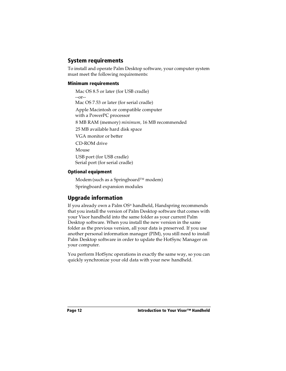 System requirements, Minimum requirements, Optional equipment | Upgrade information, System requirements upgrade information | Handspring Visor User Manual | Page 12 / 263