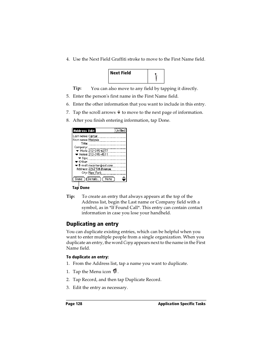 Duplicating an entry, To duplicate an entry | Handspring Visor User Manual | Page 128 / 263