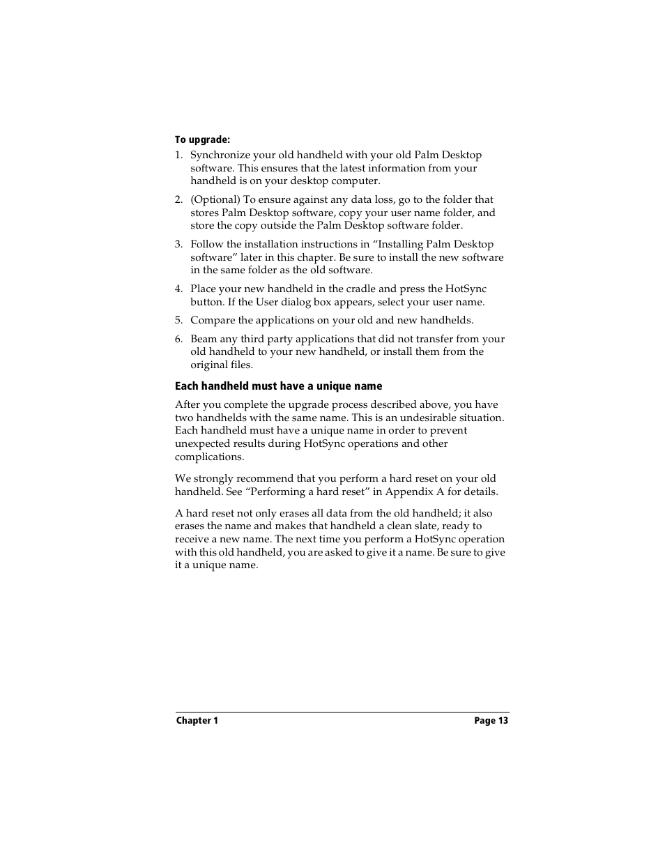 To upgrade, Each handheld must have a unique name | Handspring Visor User Manual | Page 13 / 263