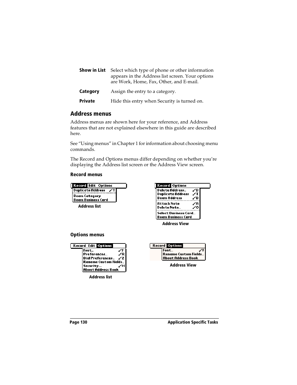 Address menus, Record menus, Options menus | Handspring Visor User Manual | Page 130 / 263
