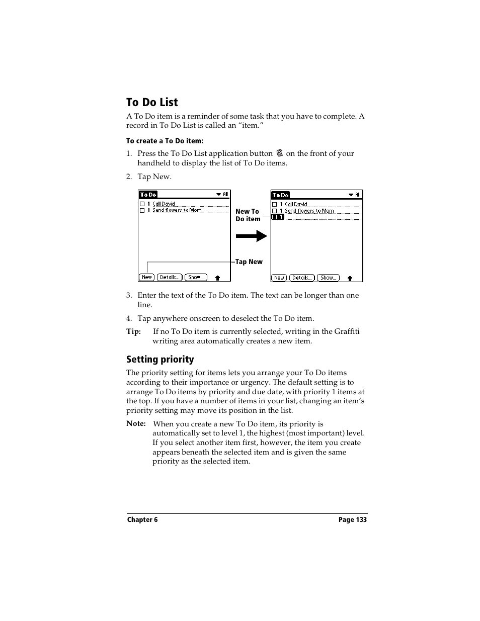 To do list, To create a to do item, Setting priority | Handspring Visor User Manual | Page 133 / 263