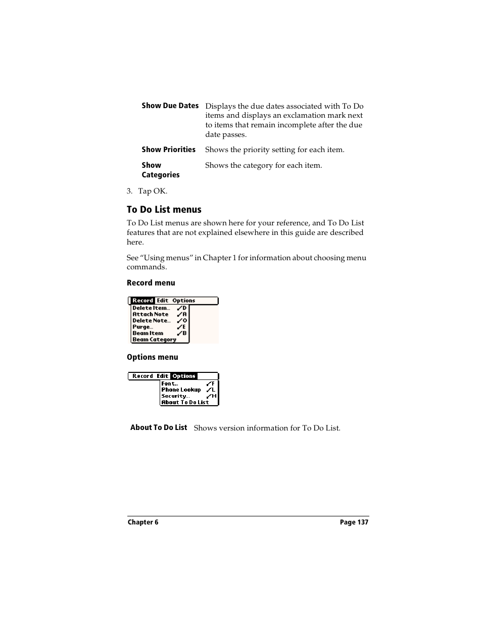 To do list menus, Record menu, Options menu | Handspring Visor User Manual | Page 137 / 263