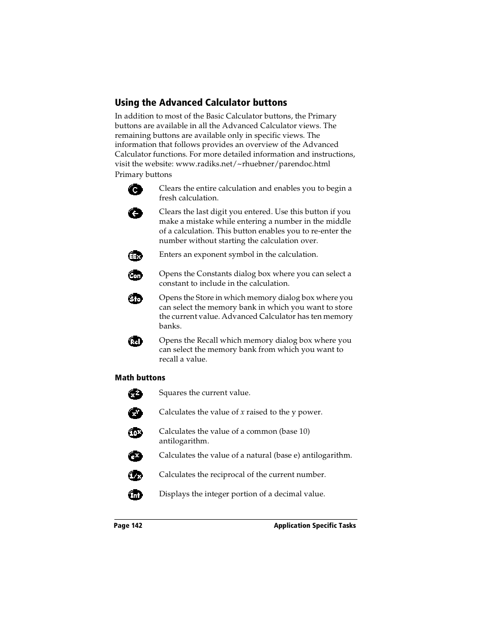 Using the advanced calculator buttons, Math buttons | Handspring Visor User Manual | Page 142 / 263