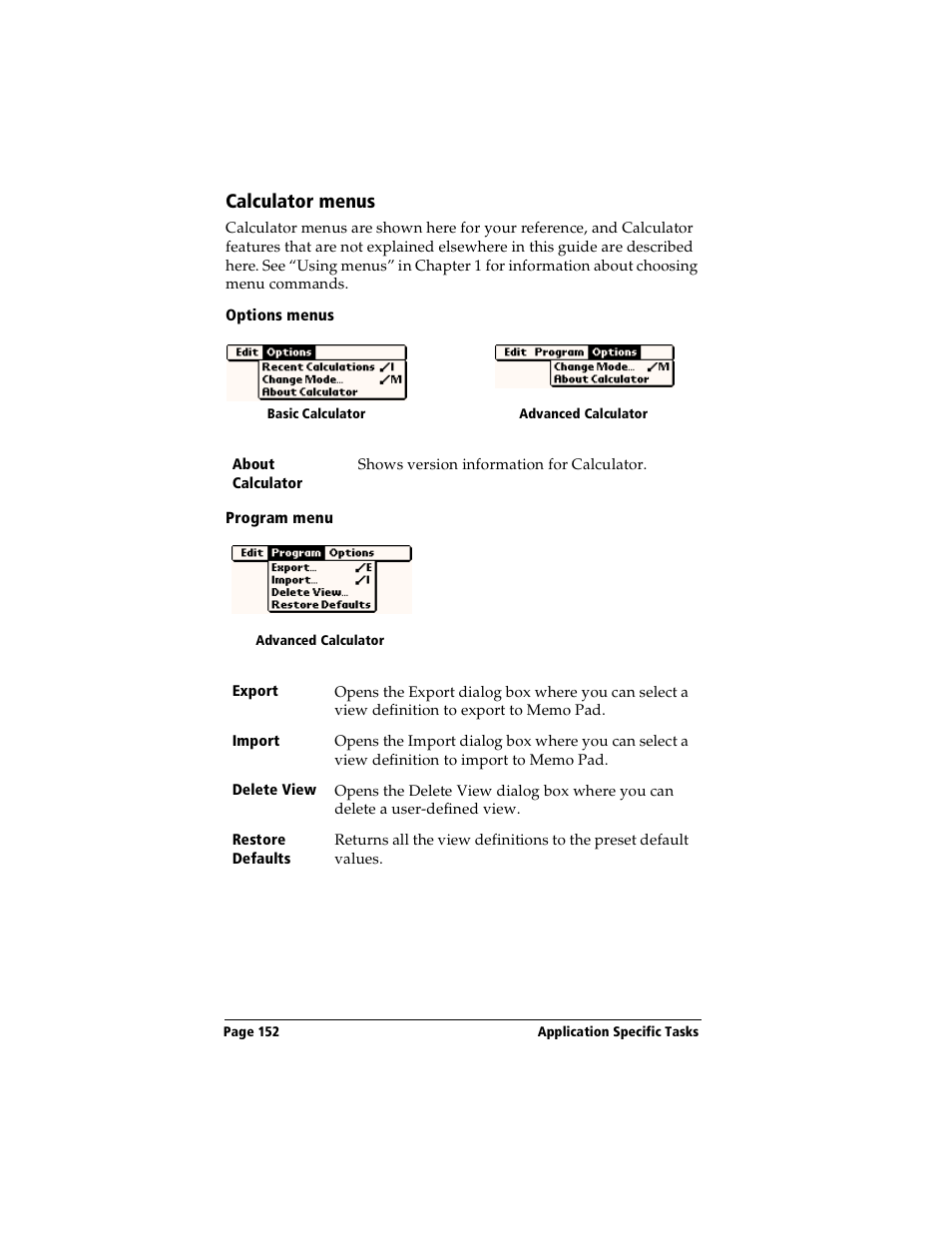 Calculator menus, Options menus, Program menu | Handspring Visor User Manual | Page 152 / 263