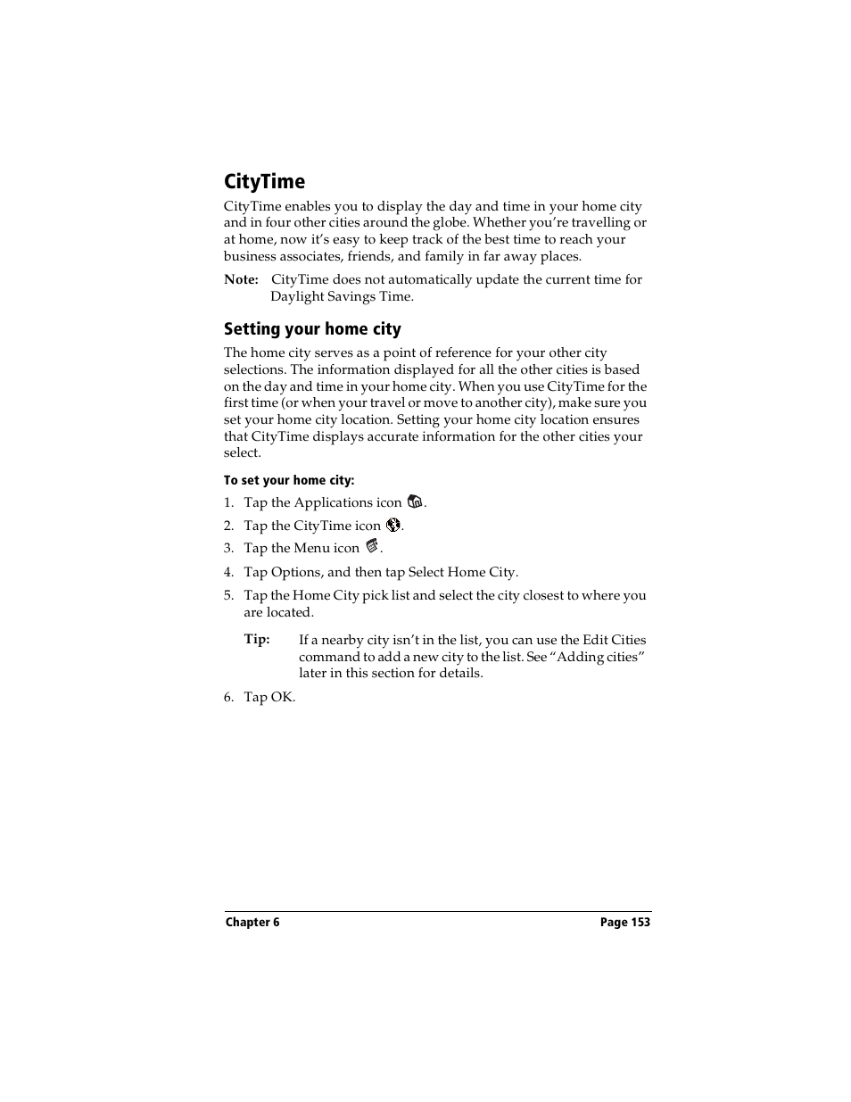 Citytime, Setting your home city, To set your home city | Handspring Visor User Manual | Page 153 / 263