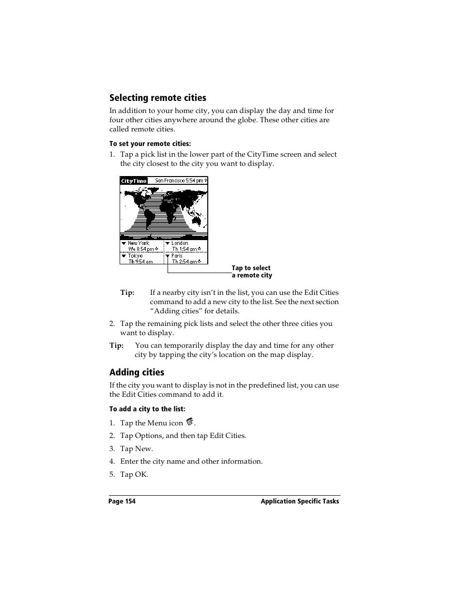 Selecting remote cities, To set your remote cities, Adding cities | To add a city to the list, Selecting remote cities adding cities | Handspring Visor User Manual | Page 154 / 263