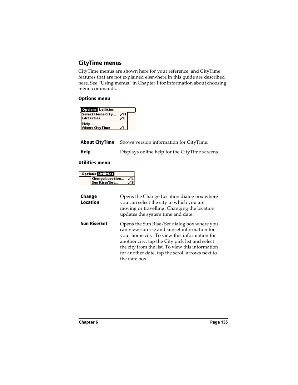 Citytime menus, Options menu, Utilities menu | Handspring Visor User Manual | Page 155 / 263