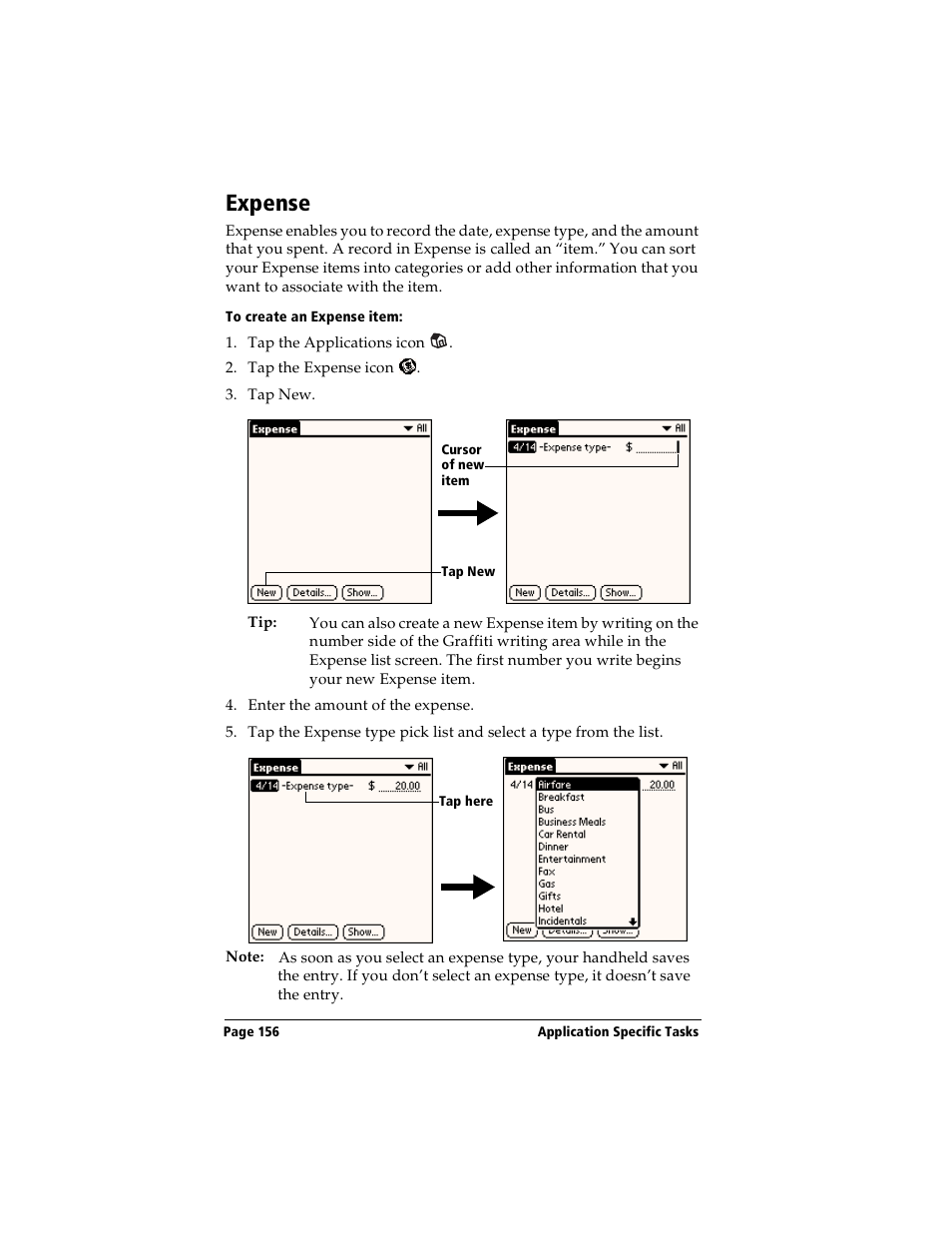 Expense, To create an expense item | Handspring Visor User Manual | Page 156 / 263