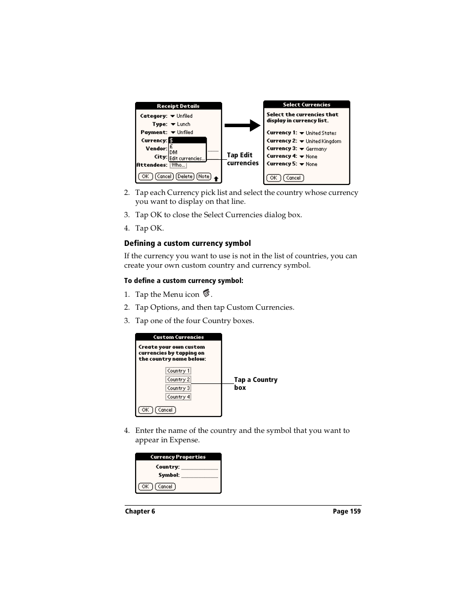 Defining a custom currency symbol, To define a custom currency symbol | Handspring Visor User Manual | Page 159 / 263