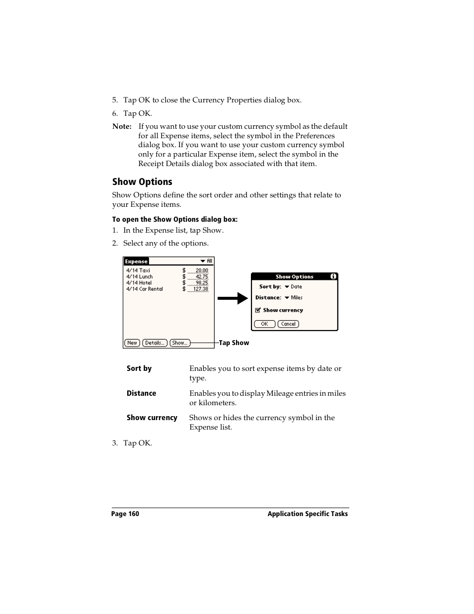 Show options, To open the show options dialog box | Handspring Visor User Manual | Page 160 / 263