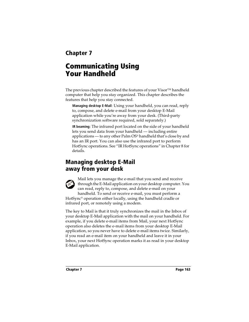 Communicating using your handheld, Managing desktop e-mail away from your desk, Chapter 7: communicating using your handheld | Chapter 7 | Handspring Visor User Manual | Page 163 / 263