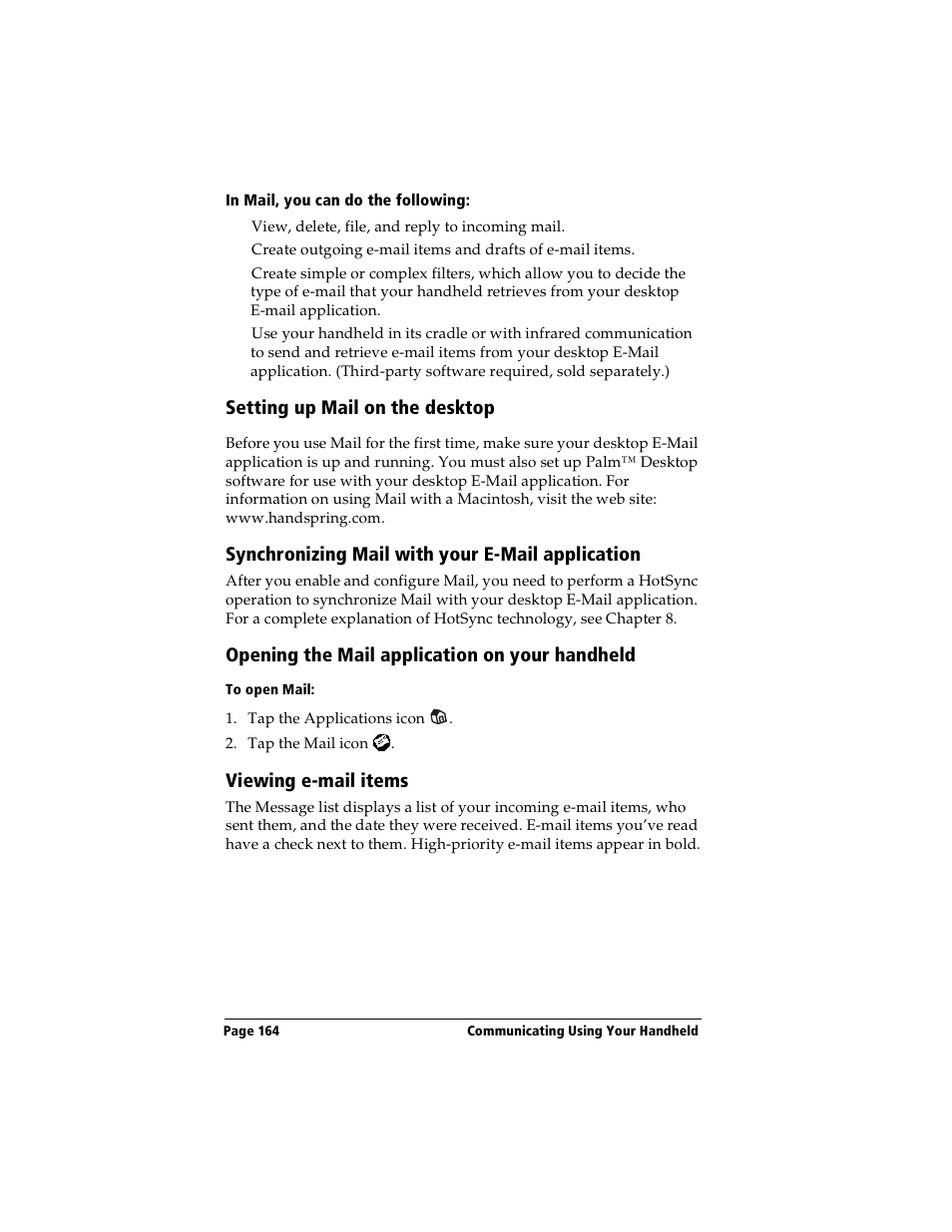 In mail, you can do the following, Setting up mail on the desktop, Synchronizing mail with your e-mail application | Opening the mail application on your handheld, To open mail, Viewing e-mail items | Handspring Visor User Manual | Page 164 / 263