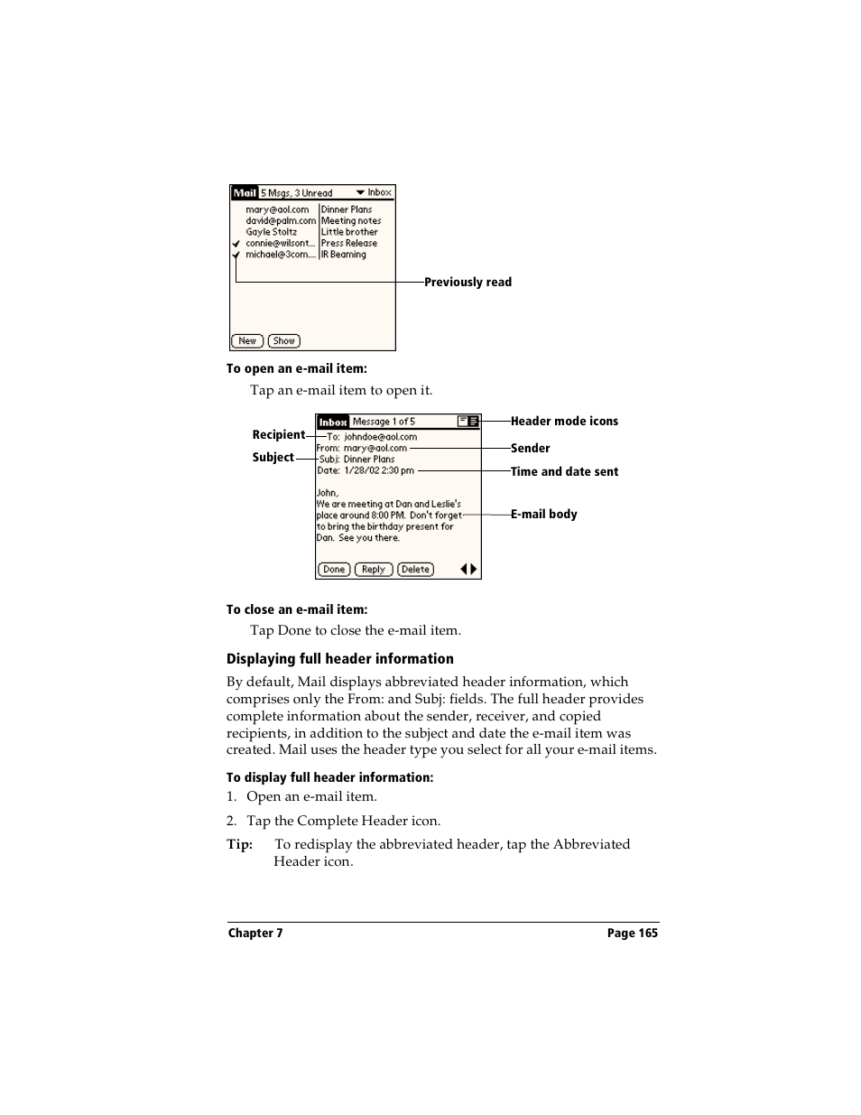 To open an e-mail item, To close an e-mail item, Displaying full header information | To display full header information | Handspring Visor User Manual | Page 165 / 263