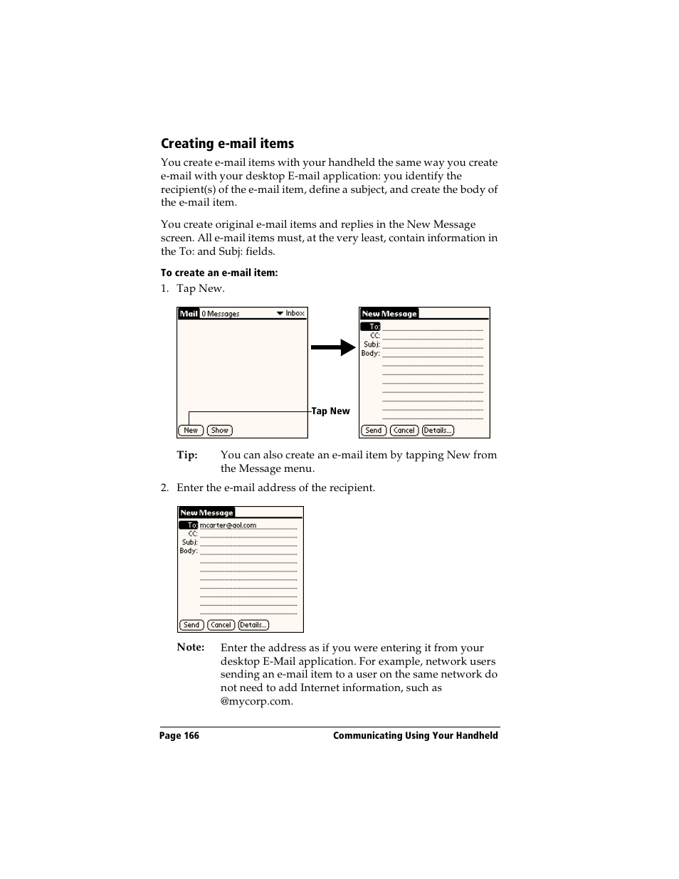 Creating e-mail items, To create an e-mail item | Handspring Visor User Manual | Page 166 / 263