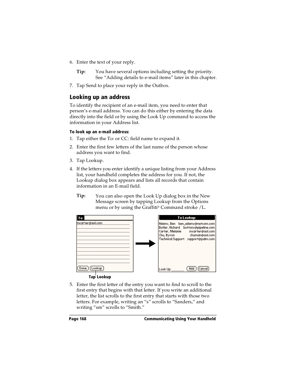 Looking up an address, To look up an e-mail address | Handspring Visor User Manual | Page 168 / 263