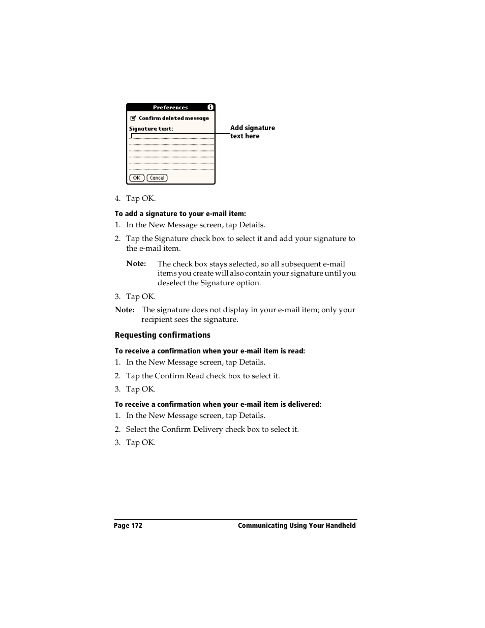 To add a signature to your e-mail item, Requesting confirmations | Handspring Visor User Manual | Page 172 / 263