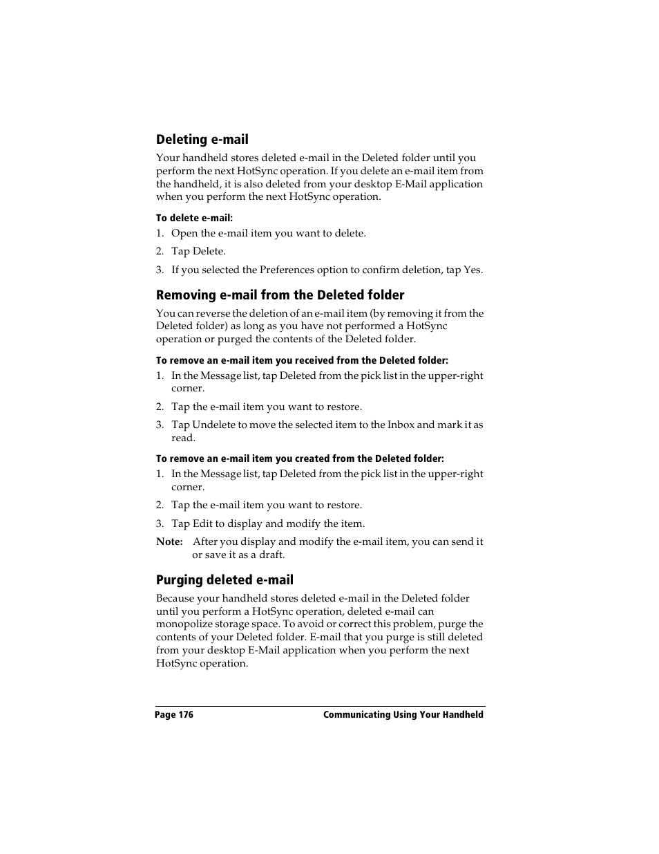 Deleting e-mail, To delete e-mail, Removing e-mail from the deleted folder | Purging deleted e-mail | Handspring Visor User Manual | Page 176 / 263