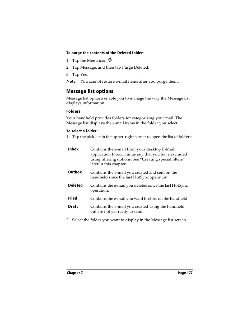 To purge the contents of the deleted folder, Message list options, Folders | To select a folder | Handspring Visor User Manual | Page 177 / 263