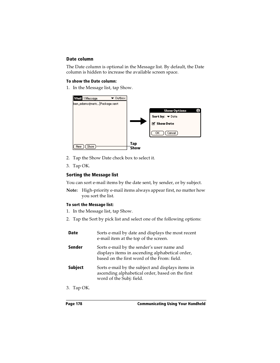Date column, To show the date column, Sorting the message list | To sort the message list | Handspring Visor User Manual | Page 178 / 263
