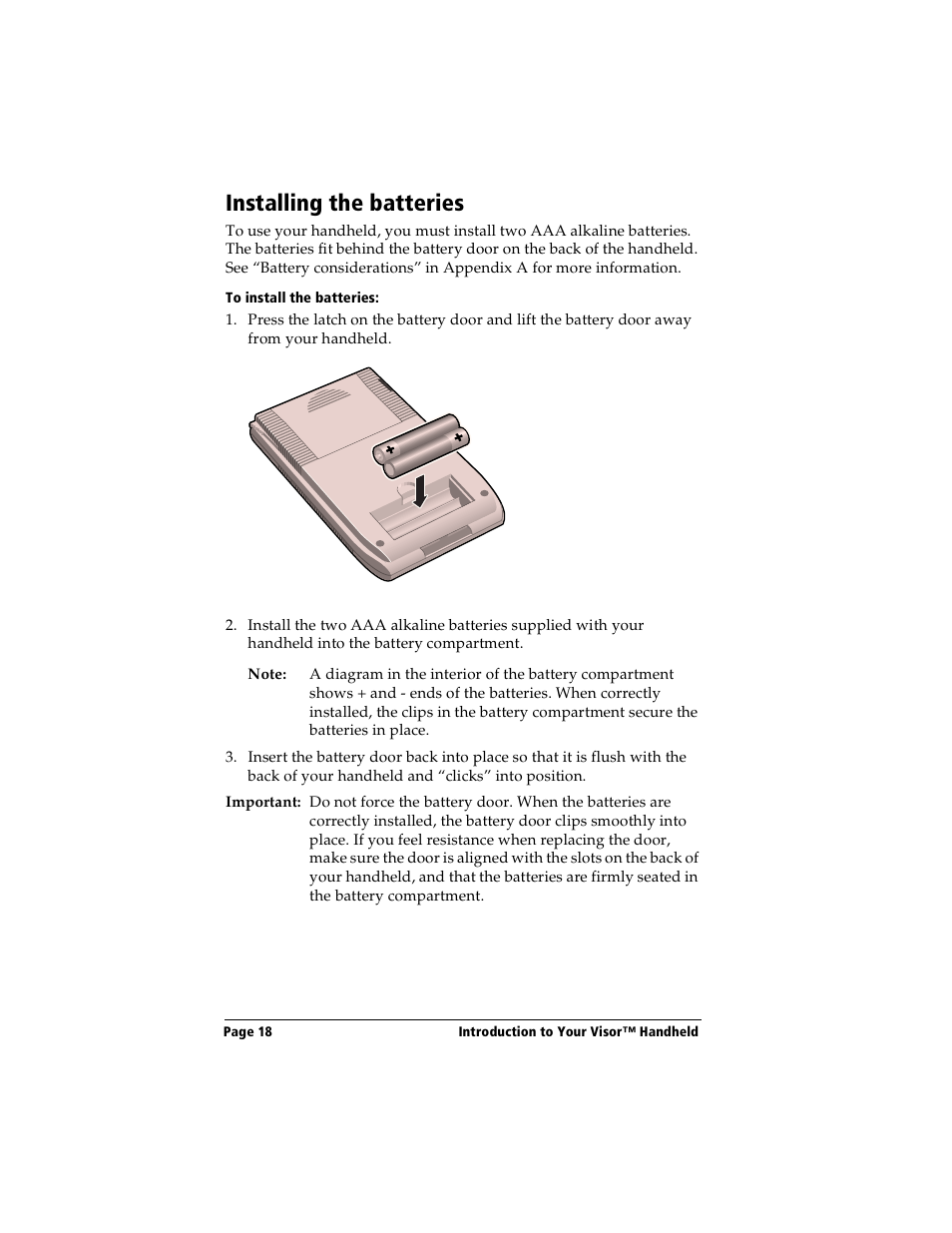 Installing the batteries, To install the batteries | Handspring Visor User Manual | Page 18 / 263