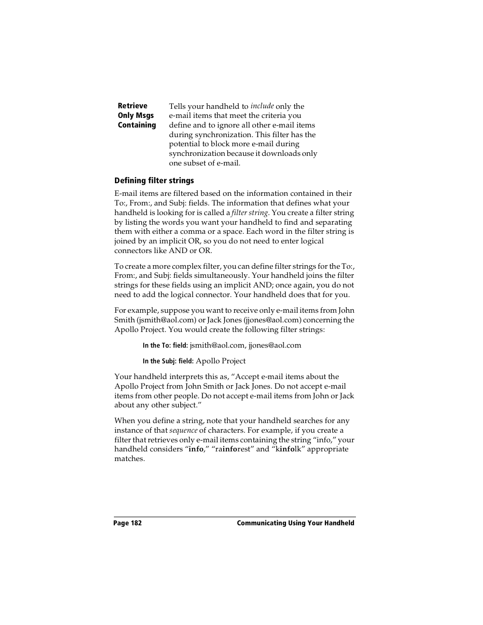 Defining filter strings | Handspring Visor User Manual | Page 182 / 263