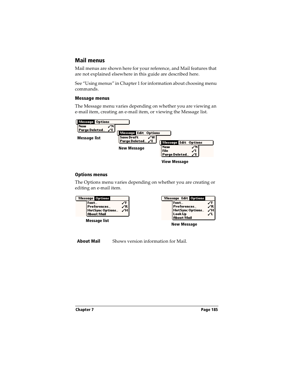 Mail menus, Message menus, Options menus | Handspring Visor User Manual | Page 185 / 263