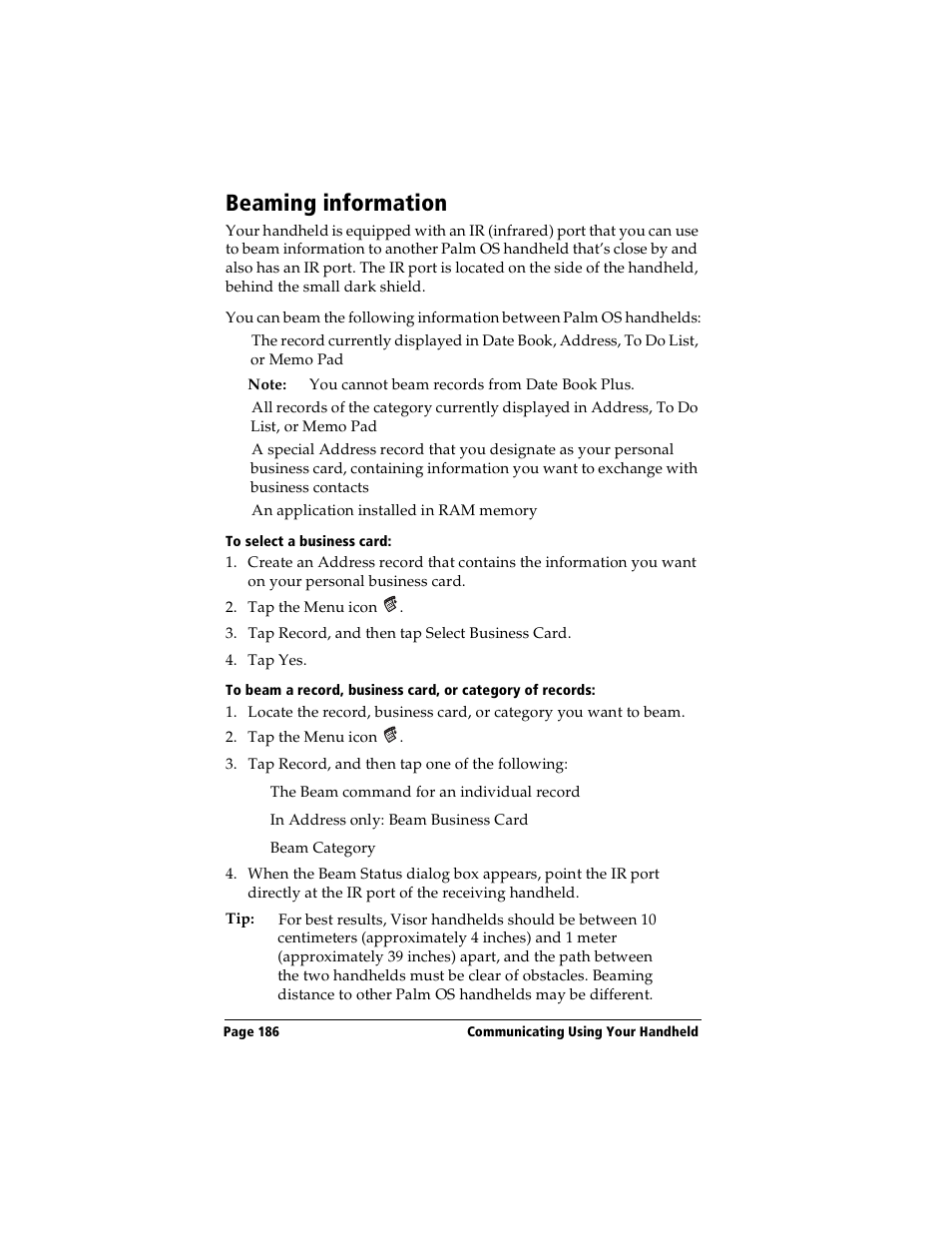 Beaming information, To select a business card, Tcp/ip troubleshooting | Handspring Visor User Manual | Page 186 / 263