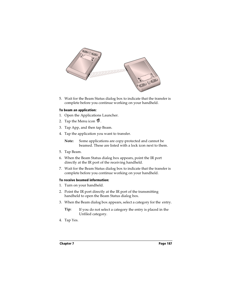 To beam an application, To receive beamed information | Handspring Visor User Manual | Page 187 / 263