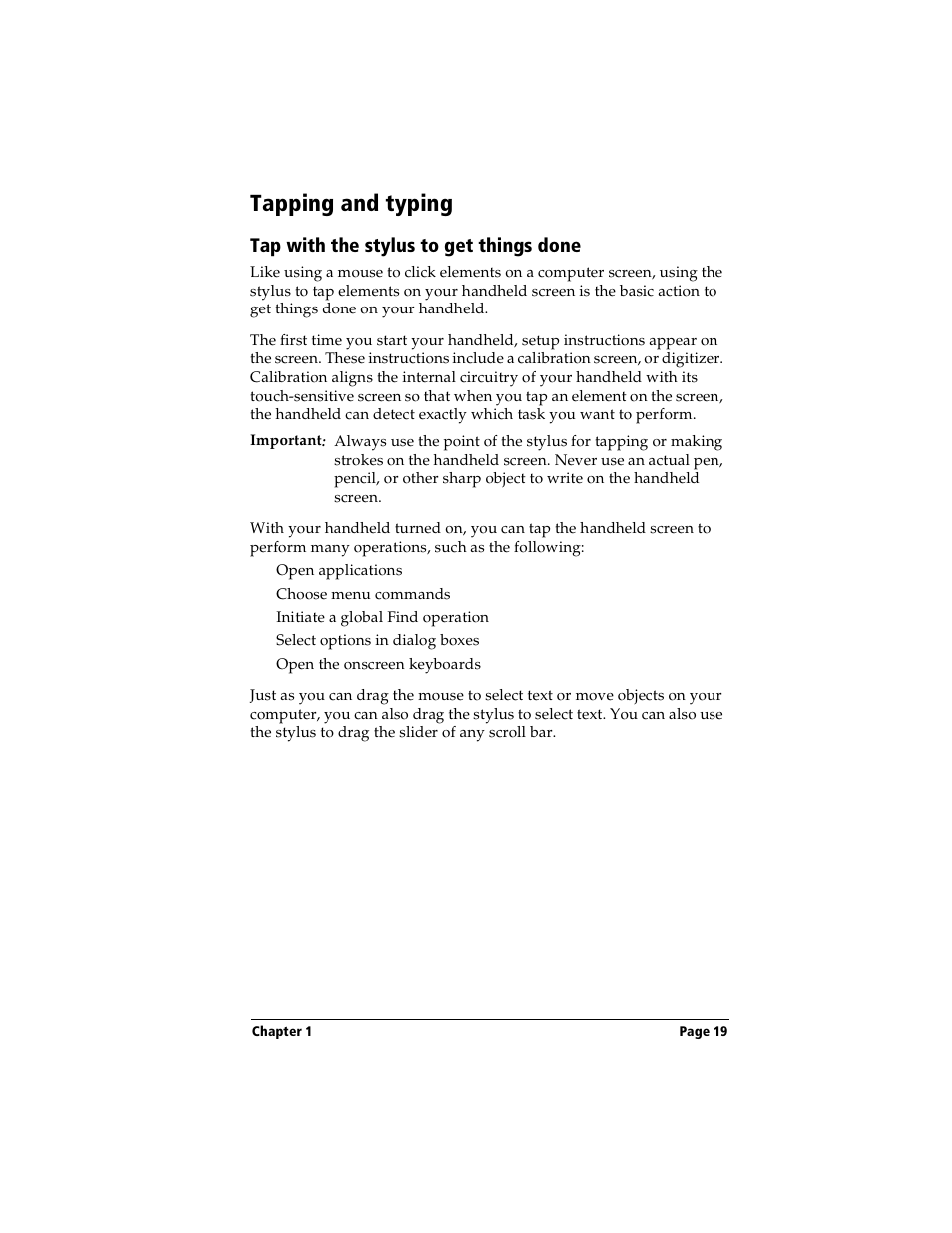 Tapping and typing, Tap with the stylus to get things done | Handspring Visor User Manual | Page 19 / 263