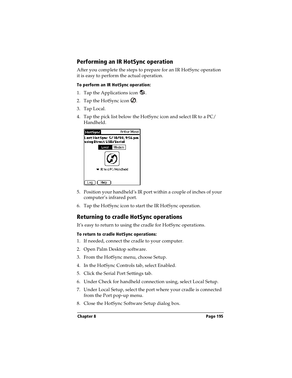 Performing an ir hotsync operation, To perform an ir hotsync operation, Returning to cradle hotsync operations | To return to cradle hotsync operations | Handspring Visor User Manual | Page 195 / 263