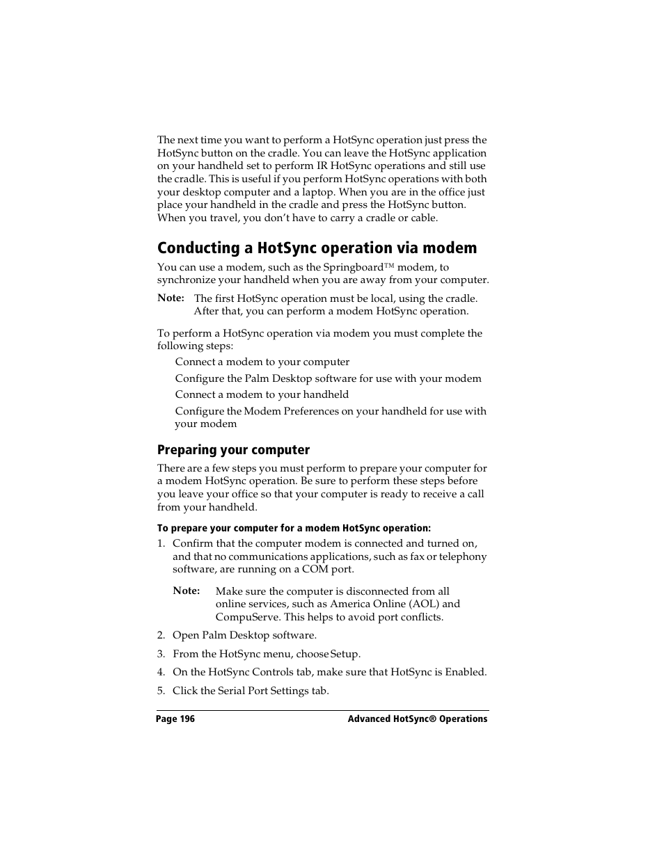 Conducting a hotsync operation via modem, Preparing your computer | Handspring Visor User Manual | Page 196 / 263