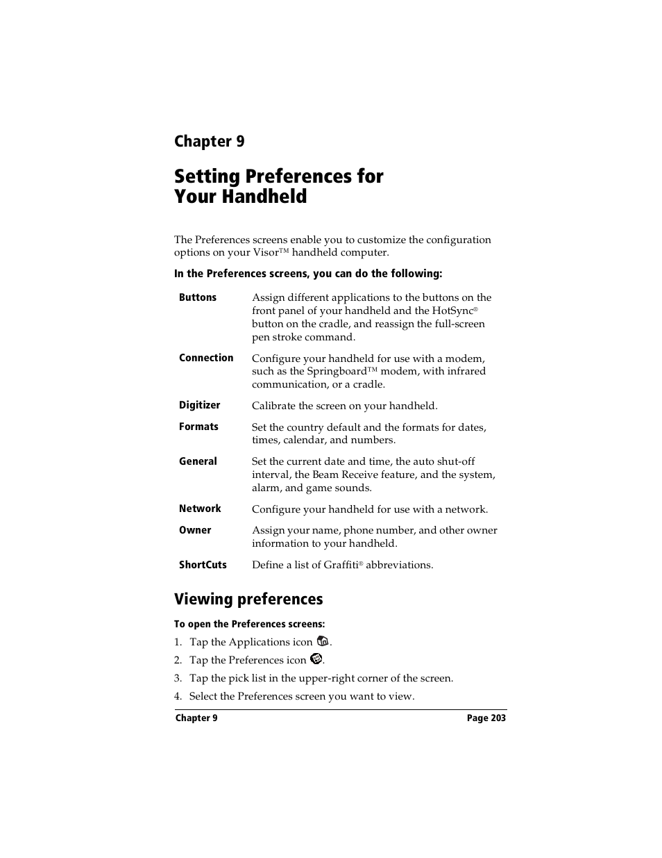 Setting preferences for your handheld, Viewing preferences, To open the preferences screens | Chapter 9: setting preferences for your handheld, Chapter 9 | Handspring Visor User Manual | Page 203 / 263