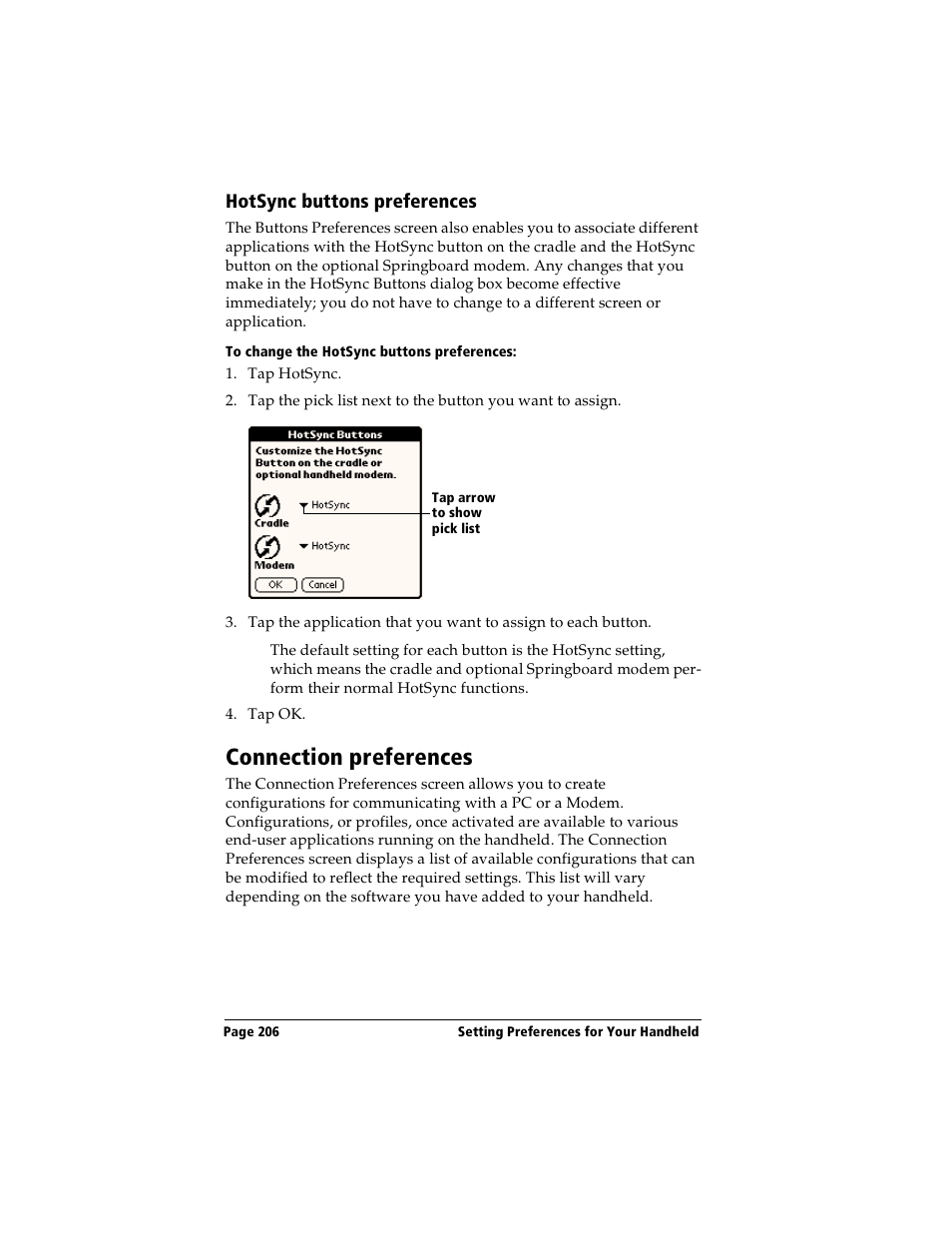 Hotsync buttons preferences, To change the hotsync buttons preferences, Connection preferences | Handspring Visor User Manual | Page 206 / 263