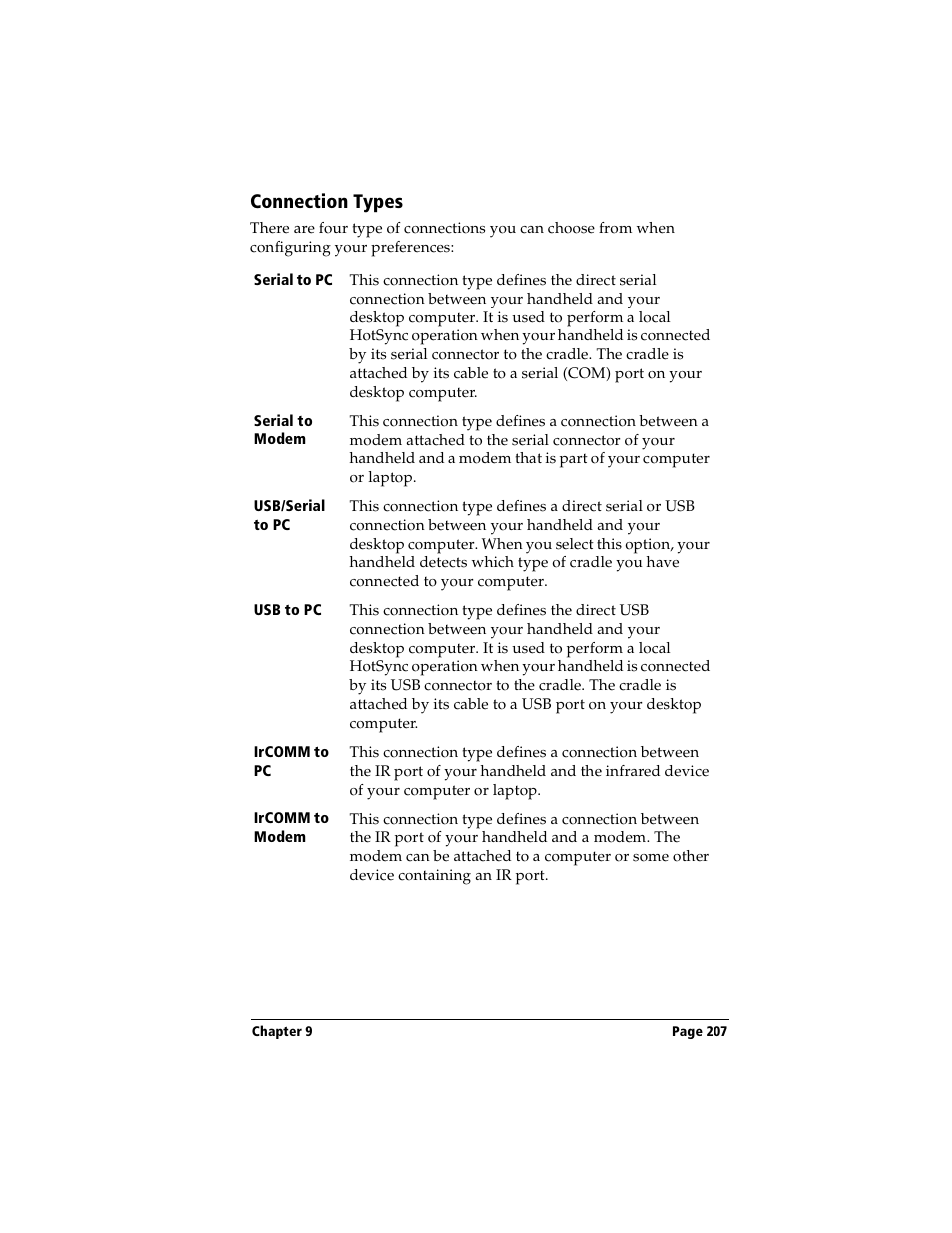 Connection types | Handspring Visor User Manual | Page 207 / 263